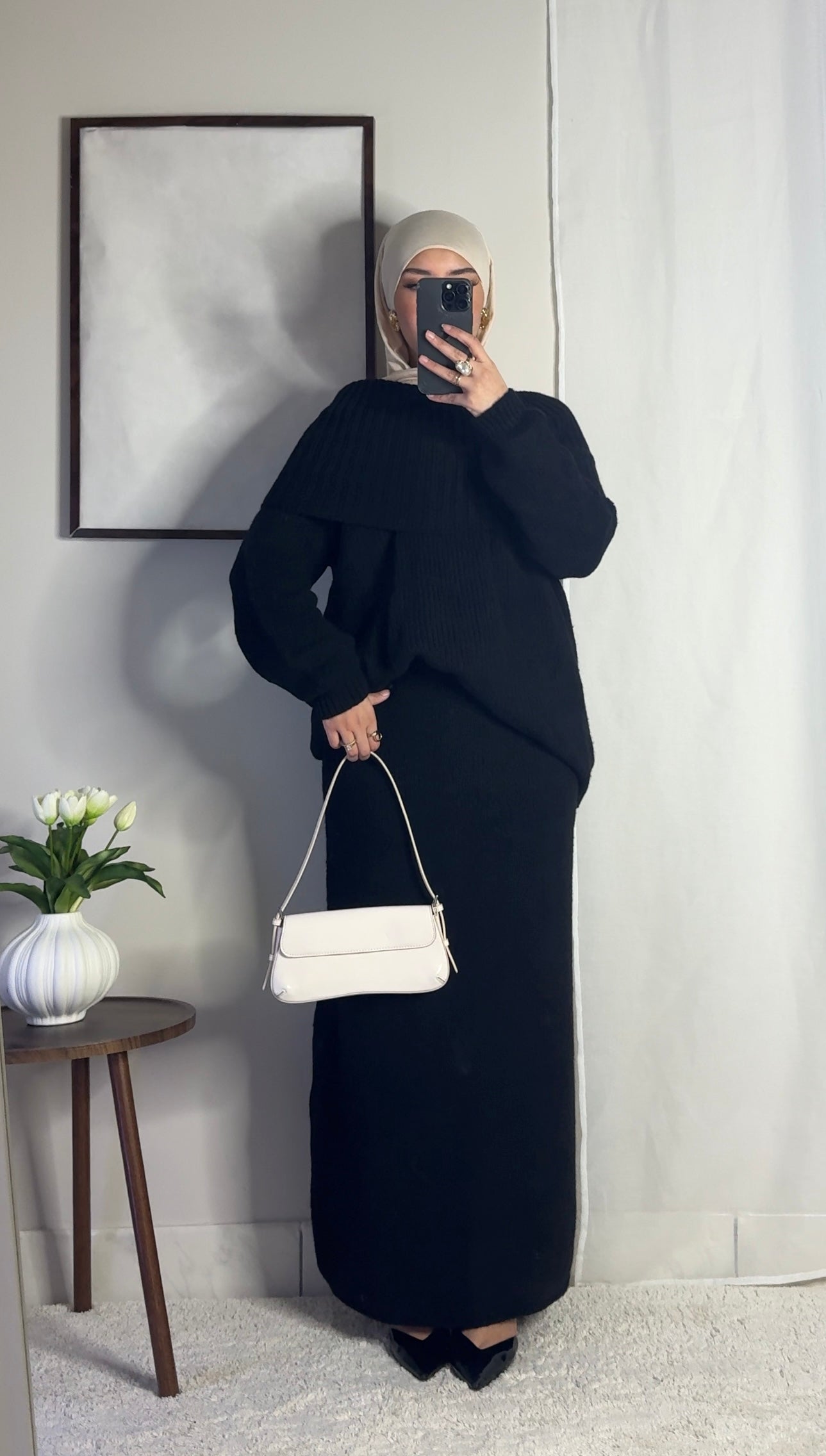 Ensemble en laine col bâteau - noir -