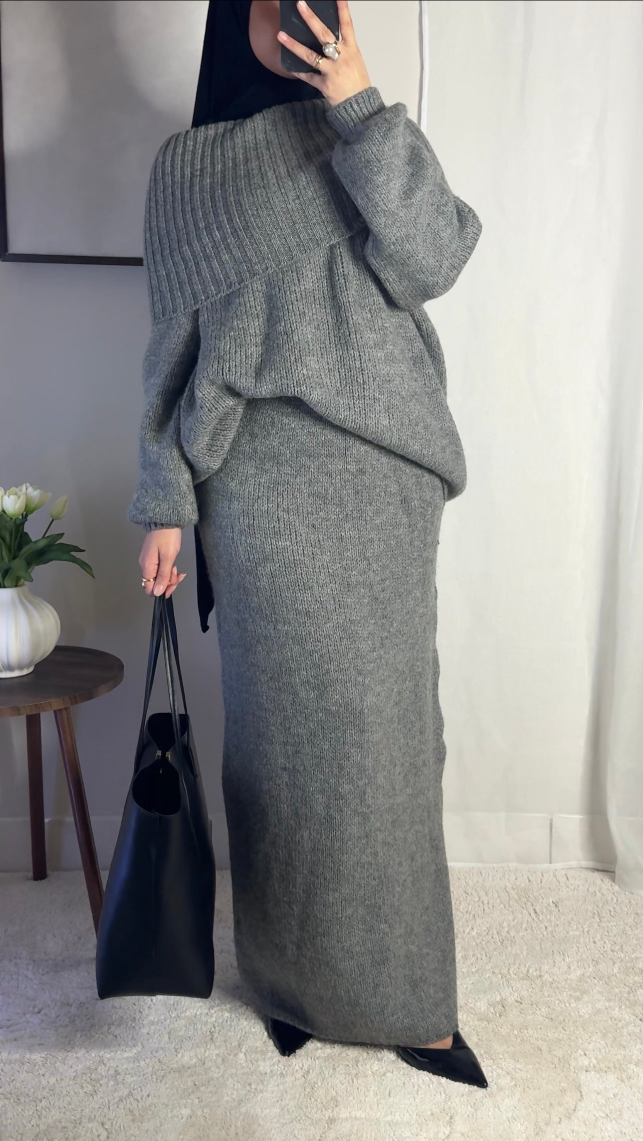 Ensemble en laine col bâteau - gris -