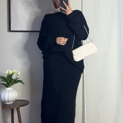 Ensemble en laine col bâteau - noir -