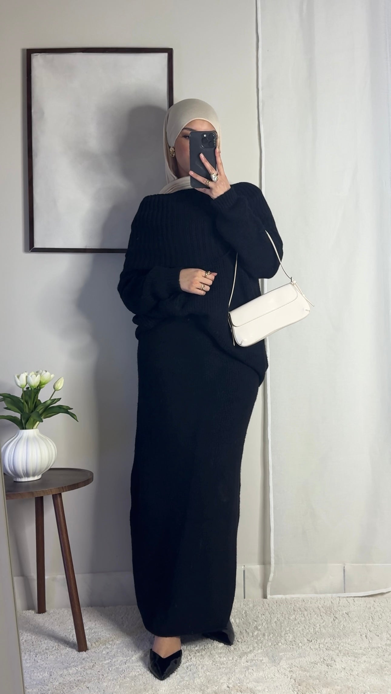 Ensemble en laine col bâteau - noir -