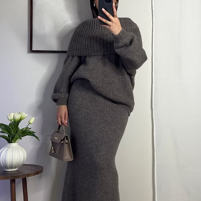 Ensemble en laine col bâteau - taupe -