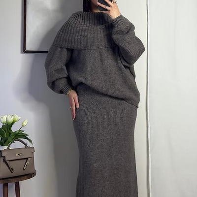 Ensemble en laine col bâteau - taupe -