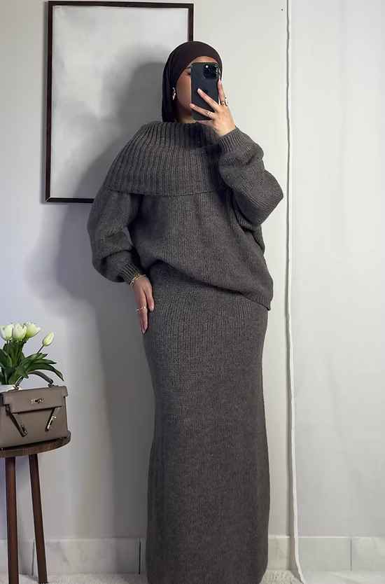 Ensemble en laine col bâteau - taupe -