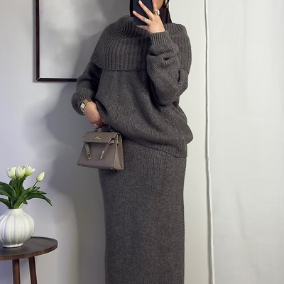 Ensemble en laine col bâteau - taupe -