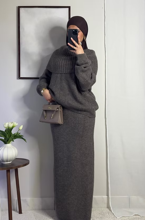 Ensemble en laine col bâteau - taupe -