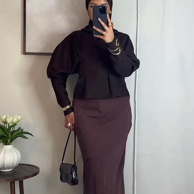 Jupe fluide satinée - marron -