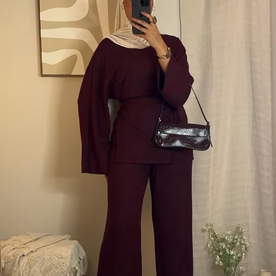 Pantalon en lin chiné - bordeaux -