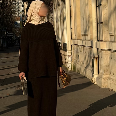 Ensemble en laine col bâteau - café -