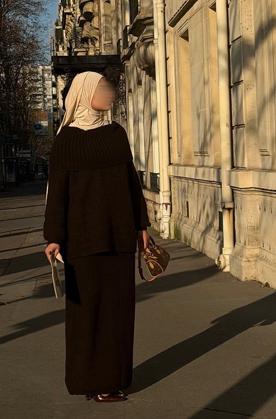 Ensemble en laine col bâteau - café -