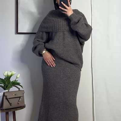 Ensemble en laine col bâteau - taupe -