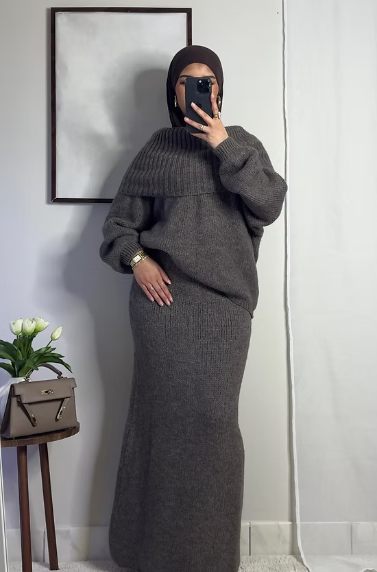 Ensemble en laine col bâteau - taupe -