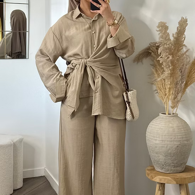 Pantalon fluide effet lin - taupe -