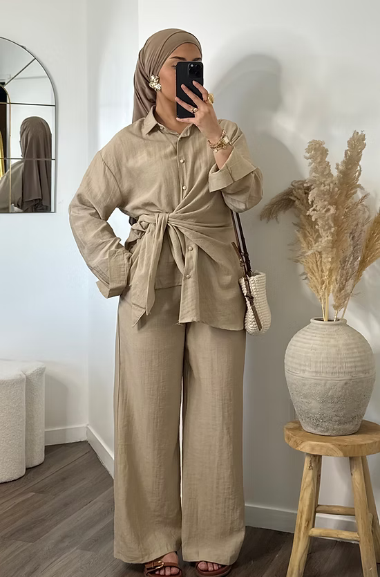 Pantalon fluide effet lin - taupe -