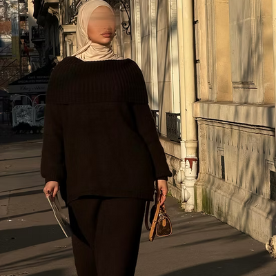 Ensemble en laine col bâteau - café -