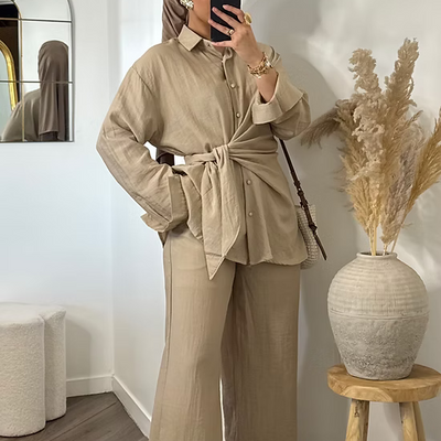 Pantalon fluide effet lin - taupe -