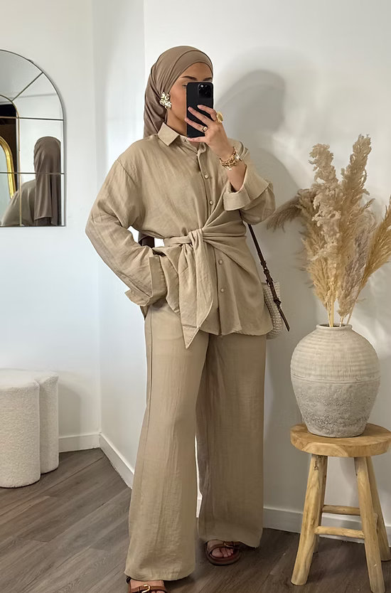 Pantalon fluide effet lin - taupe -