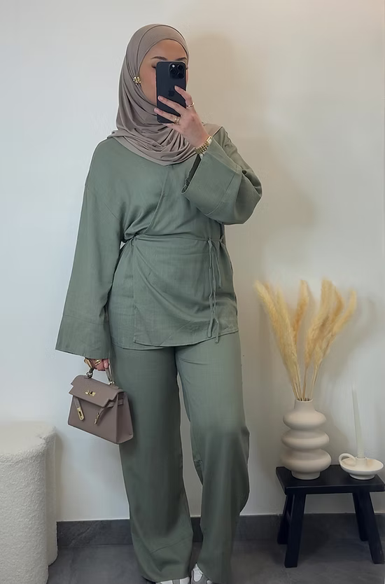 Pantalon en lin chiné - kaki -