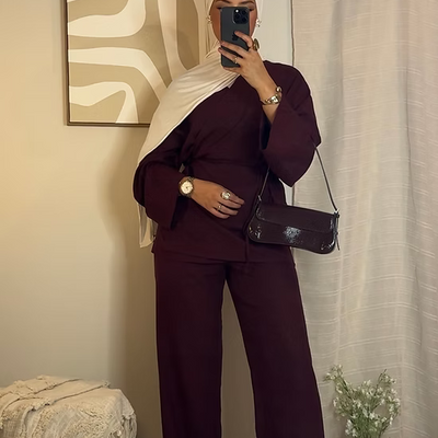 Pantalon en lin chiné - bordeaux -