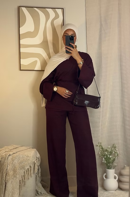 Pantalon en lin chiné - bordeaux -