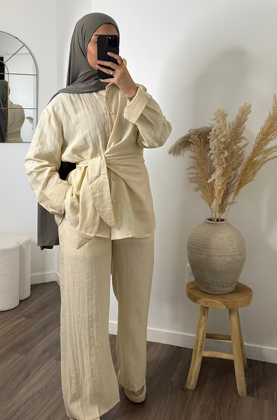 Linen-effect wide-leg trousers - ecru -
