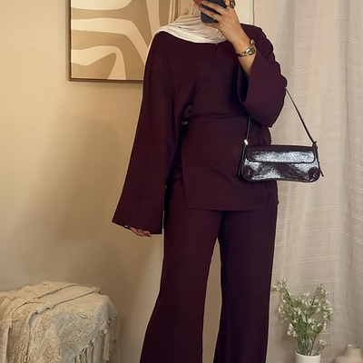Pantalon en lin chiné - bordeaux -