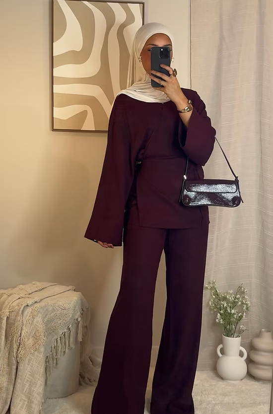 Pantalon en lin chiné - bordeaux -