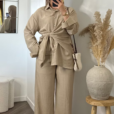 Pantalon fluide effet lin - taupe -