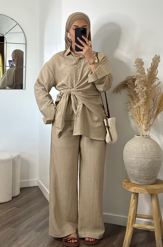 Pantalon fluide effet lin - taupe -