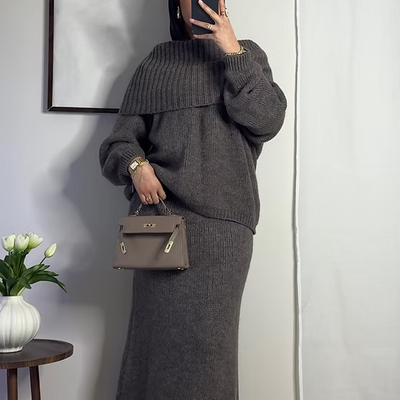 Ensemble en laine col bâteau - taupe -