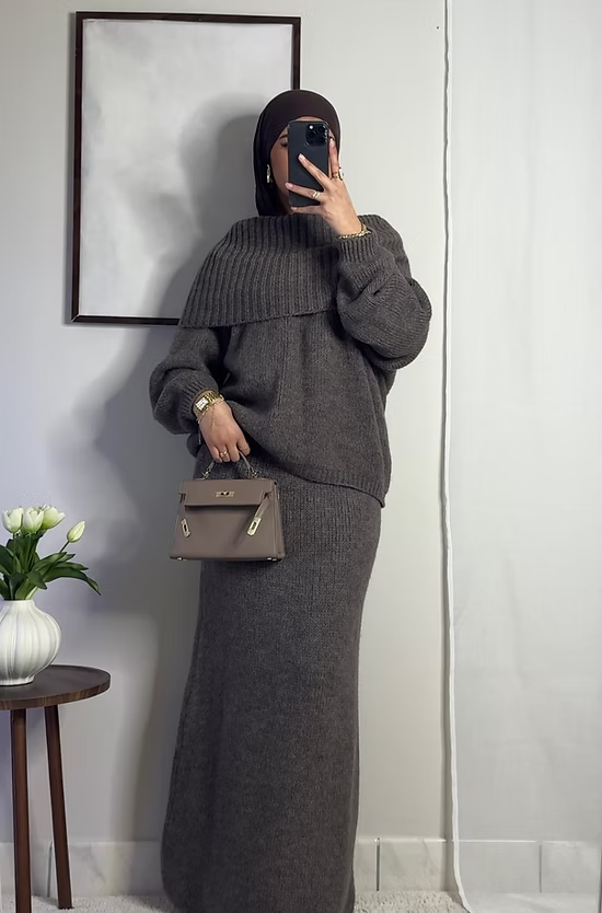 Ensemble en laine col bâteau - taupe -