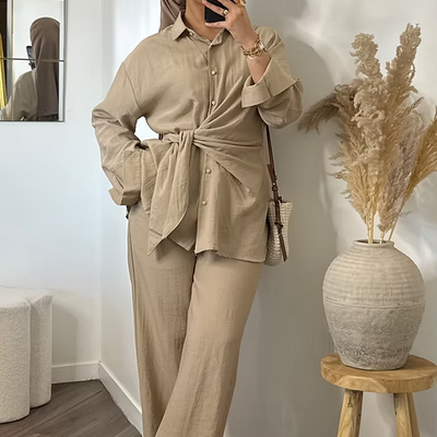 Pantalon fluide effet lin - taupe -