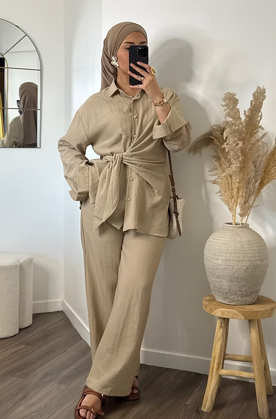 Pantalon fluide effet lin - taupe -