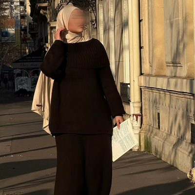 Ensemble en laine col bâteau - café -