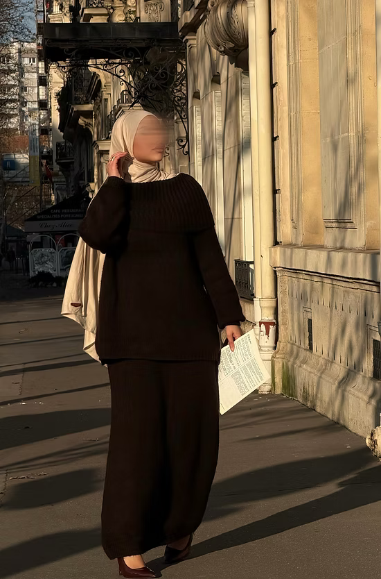 Ensemble en laine col bâteau - café -