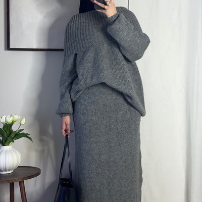 Ensemble en laine col bâteau - gris -