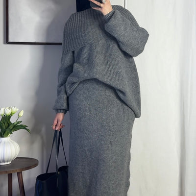 Ensemble en laine col bâteau - gris -