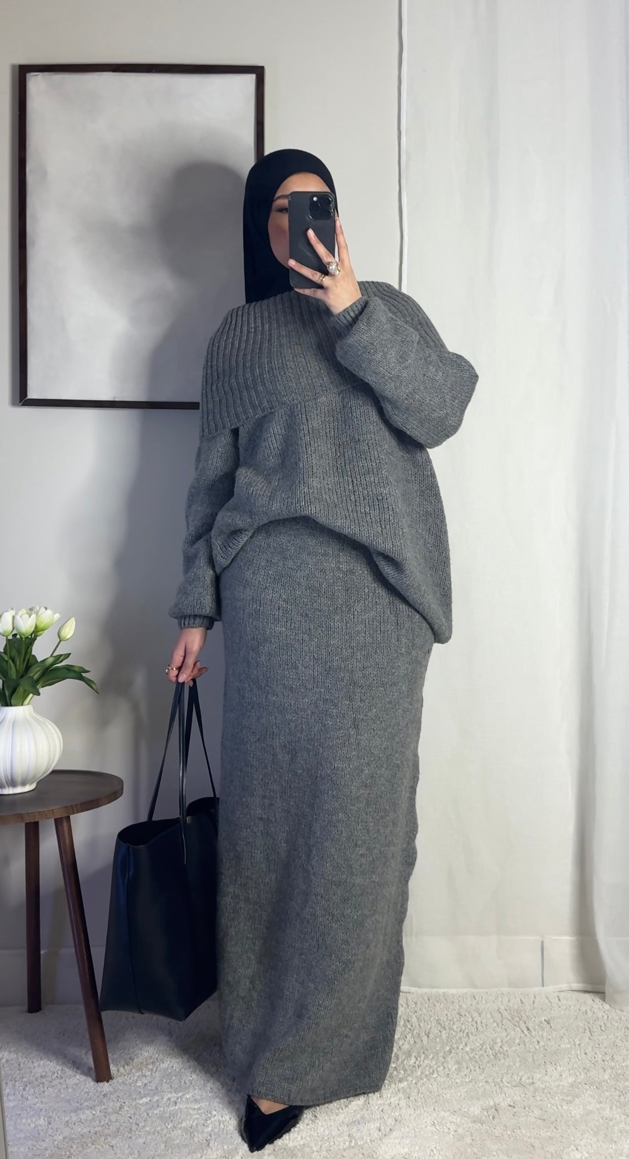 Ensemble en laine col bâteau - gris -