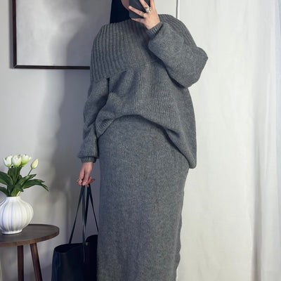 Ensemble en laine col bâteau - gris -