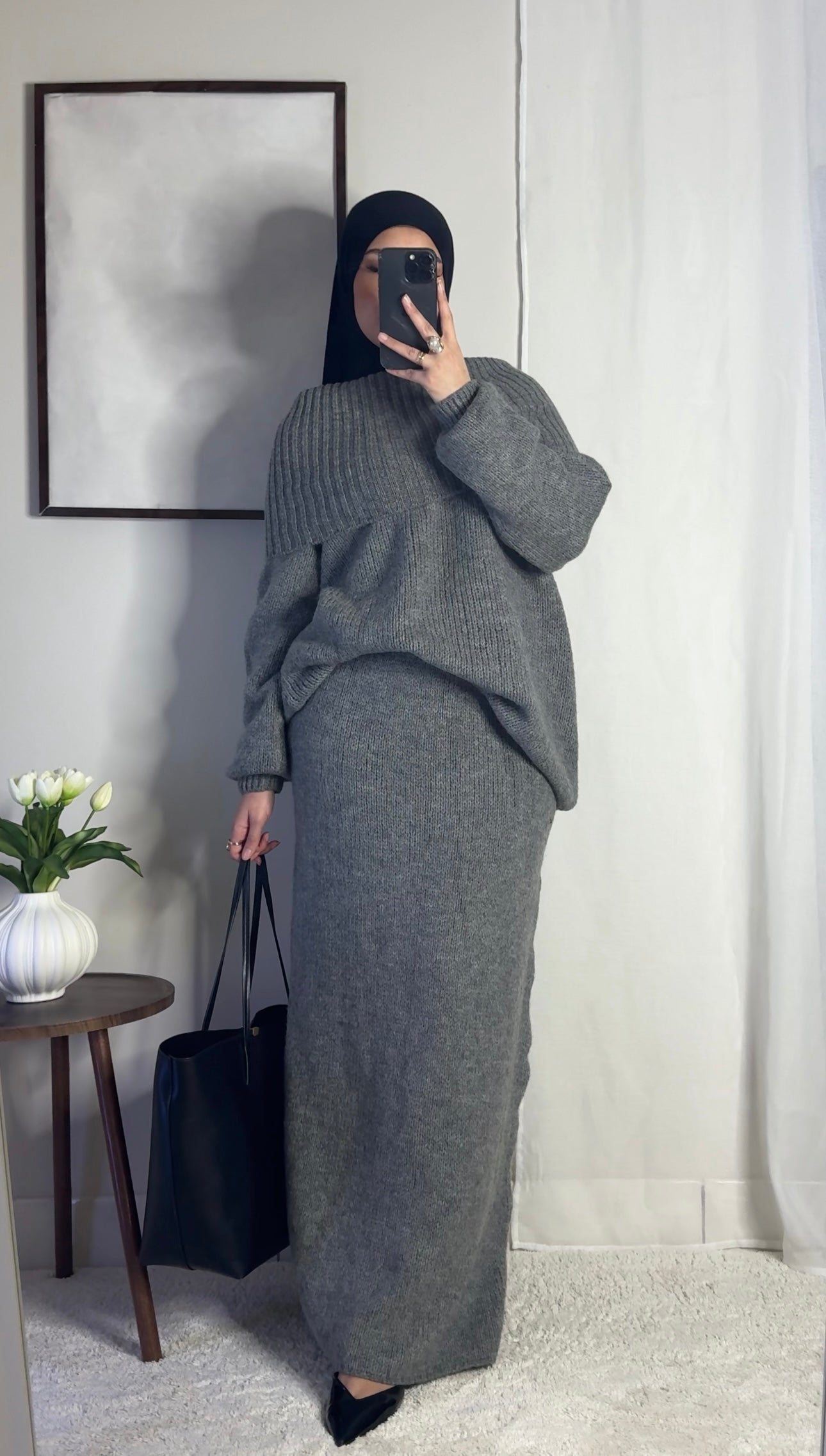 Ensemble en laine col bâteau - gris -