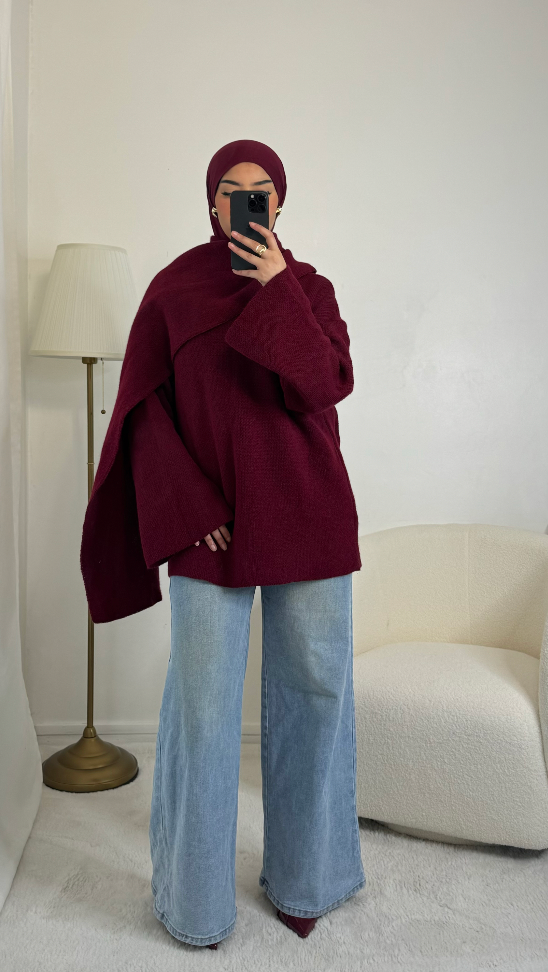 Pull avec écharpe intégrée - bordeaux -