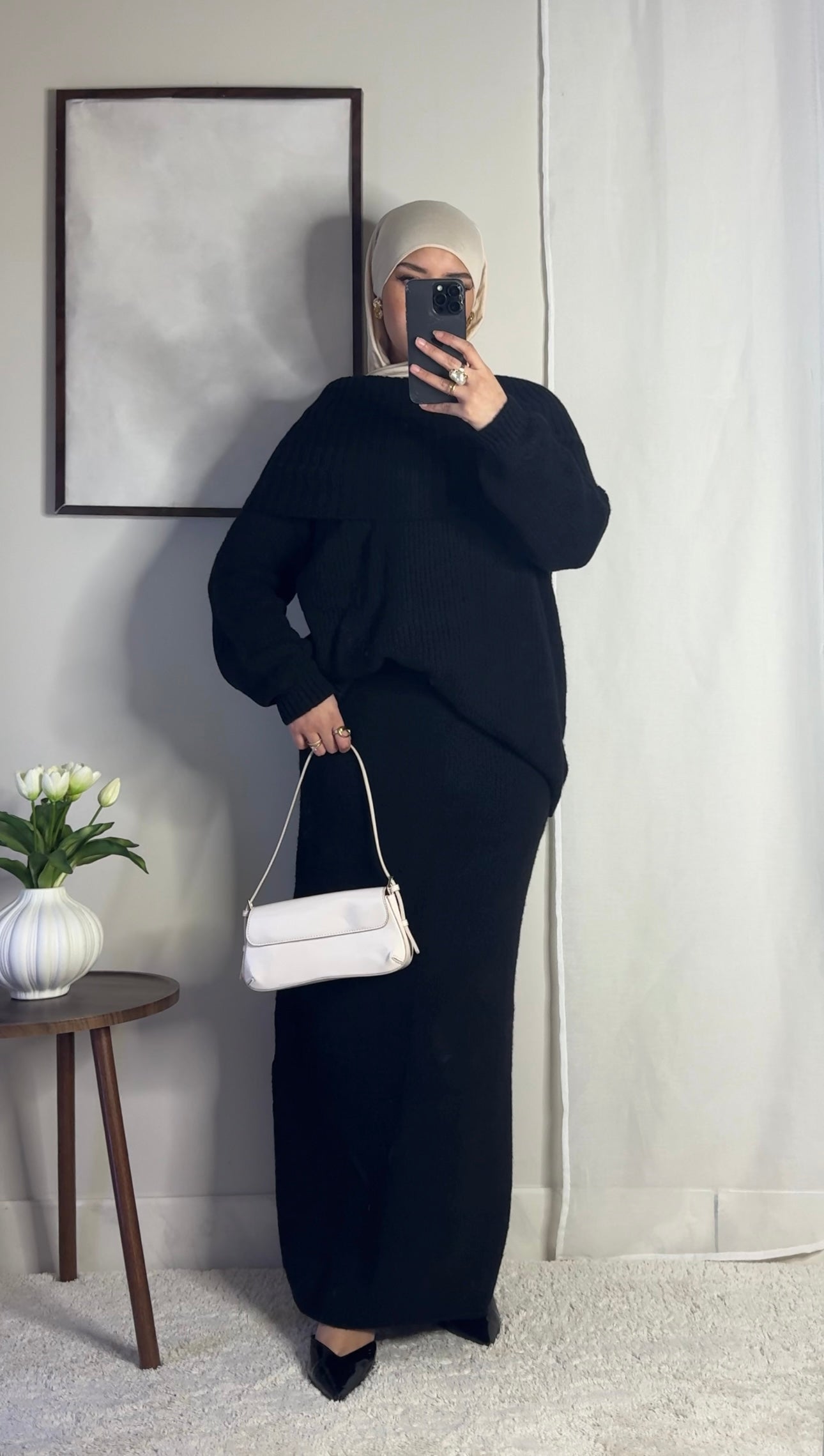 Ensemble en laine col bâteau - noir -