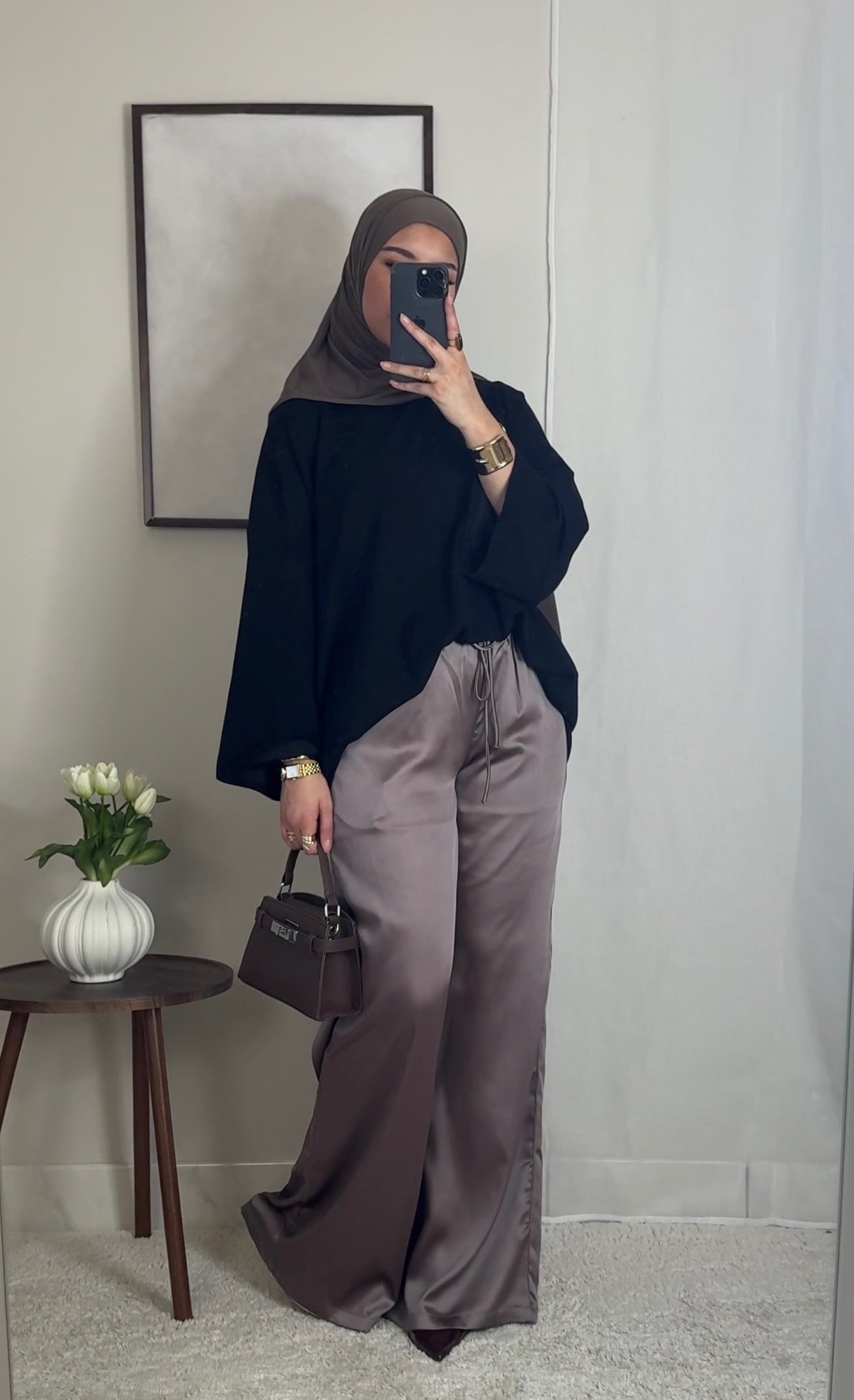 Pantalon satin fluide - taupe -