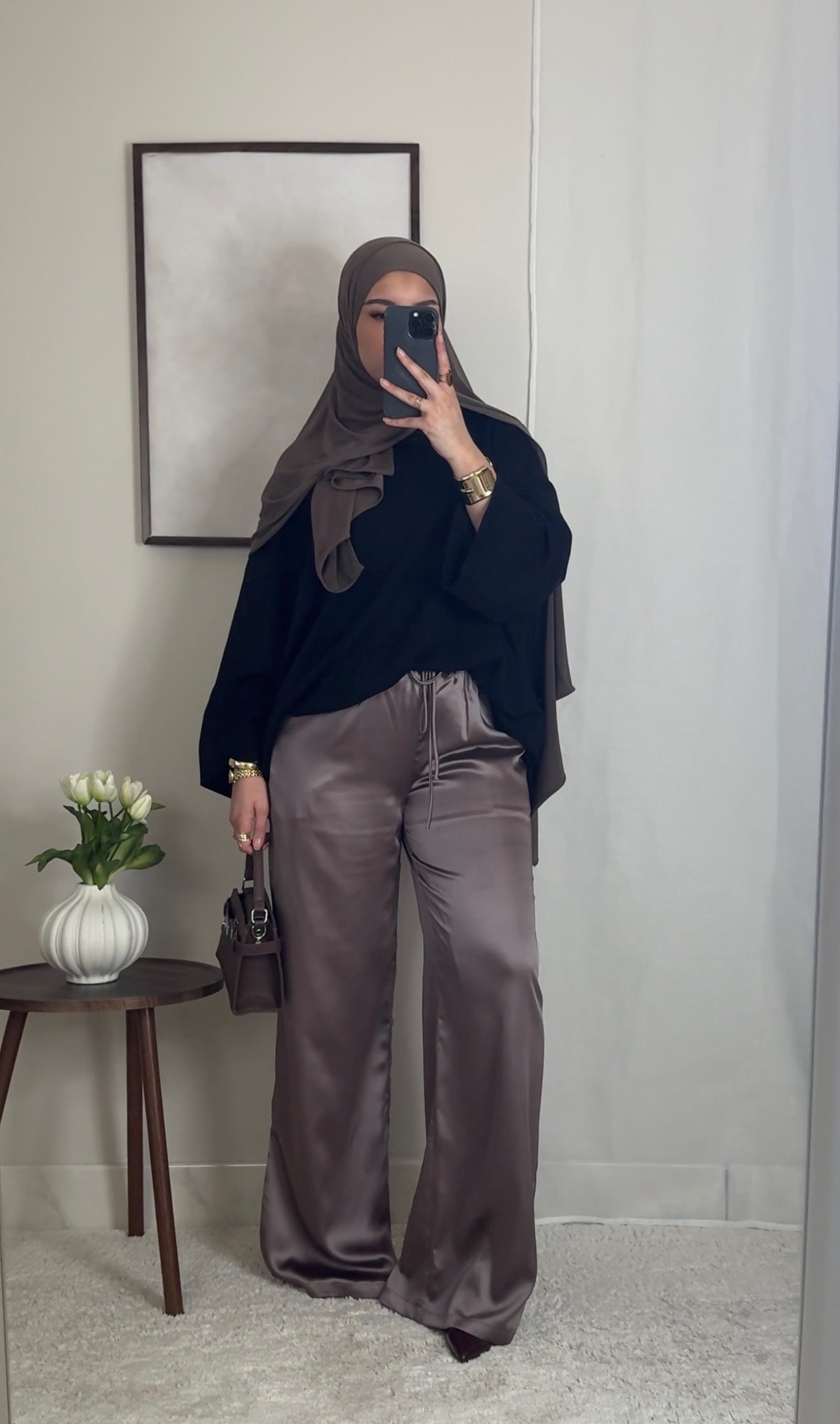 Pantalon satin fluide - taupe -