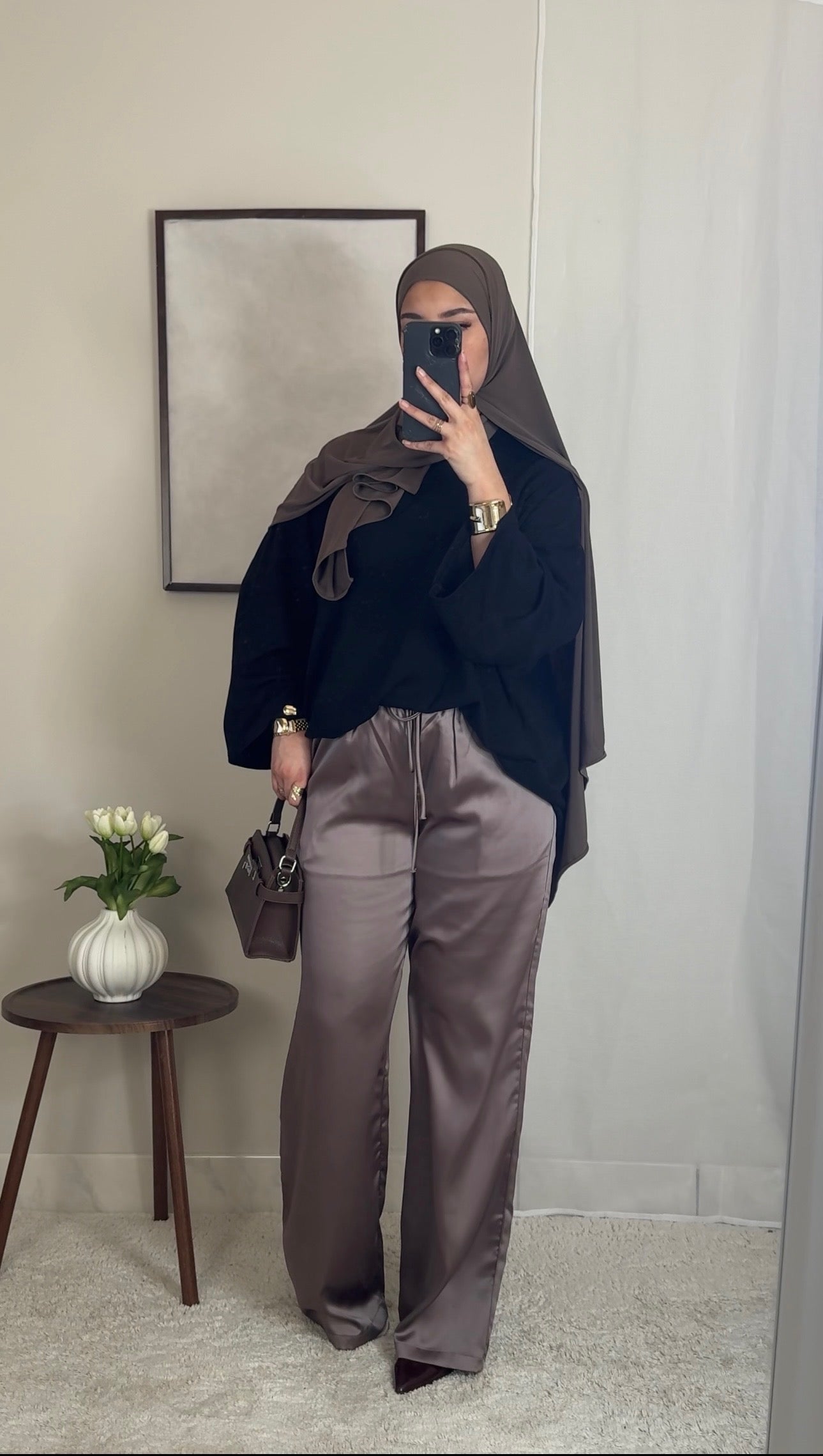 Pantalon satin fluide - taupe -