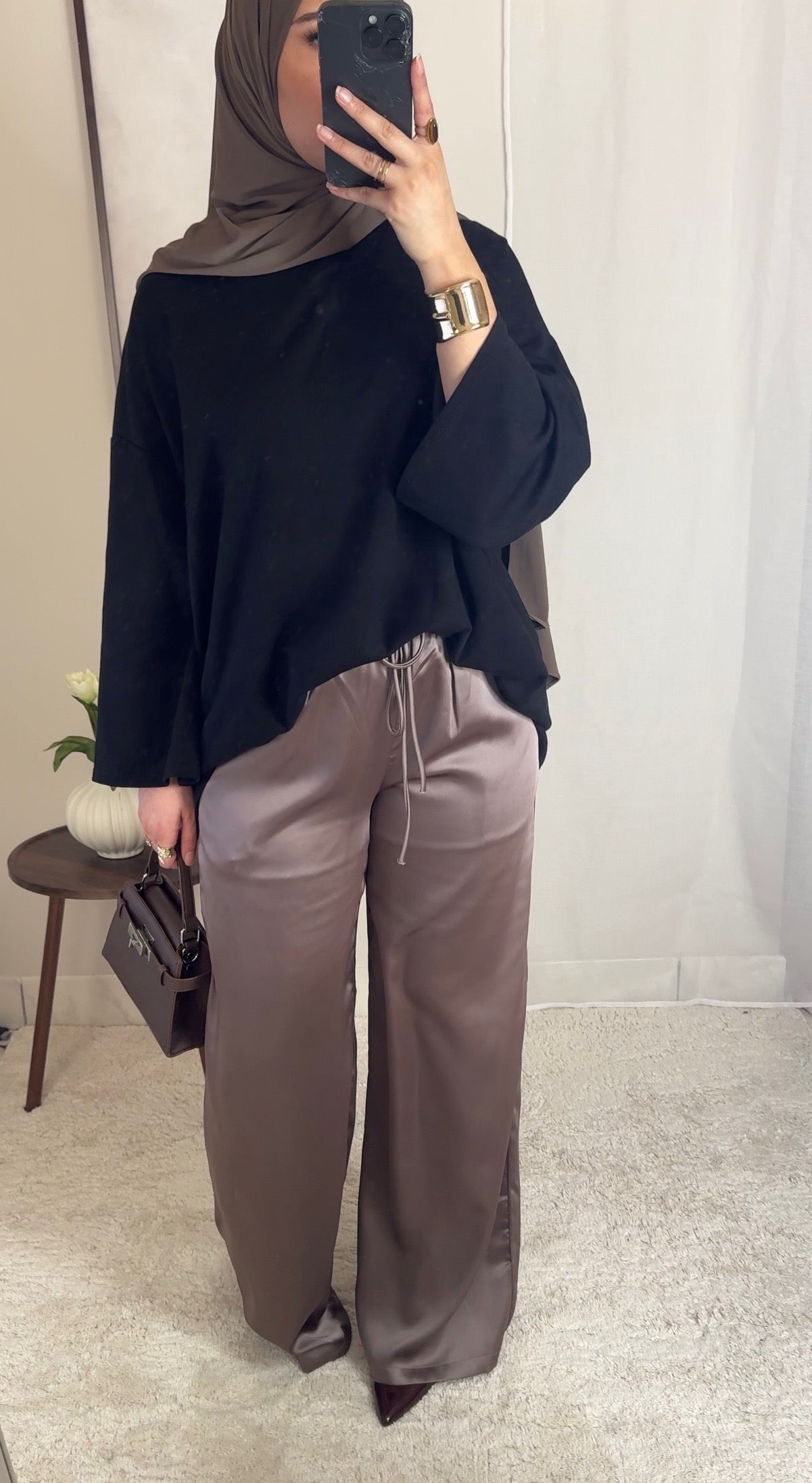 Pantalon satin fluide - taupe -